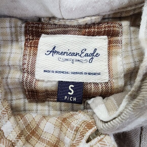 American Eagle Cropped‎ Hooded Multicolor Brown And Tan Flannel Shirt Size Small - Picture 10 of 16